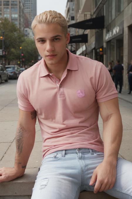 medium shot, photo of man jordan_torres sitting outside on city street (wearing a pink polo shirt) and jeans with blond hair with tattoo on arm, <lora:Jordan_Torres-10:0.9>