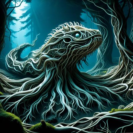 concept art Deep below the surface of the world, the root-leviathan slumbersâa colossal creature made from ancient subterranean root networks, its body extending for miles. When it stirs, earthquakes follow. Segments of its bark-covered torso emerge from the earth like hills, each one covered in thorny root plates and dotted with glowing fungal colonies. Its face is masked with root-tentacles, coiling and uncoiling like sea anemones, sensing vibrations and thoughts from above. The inside of its mouth is a garden of carnivorous flowers and pulsing root-sacs that digest energy rather than flesh. The leviathan moves slowly, impossibly vast, a living memory of the first forests that ever lived. When seen from above, it looks like a mountain range shifting ever so slightly.<lora:Treeroots_0_90_multi2_Handprocessed_V2:0.8> pg-tr . digital artwork, illustrative, painterly, matte painting, highly detailed