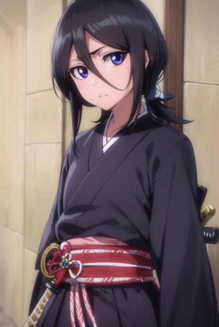 rukia kuchiki, default rukia, black hair, hair between eyes, (purple eyes:1.1), rukia kuchiki, shorthair rukia, short hair, black hair, hair between eyes, (purple eyes:1.1), weapon, japanese clothes, sword, kimono, katana, sheath, hakama, black kimono, long sleeves, wide sleeves,