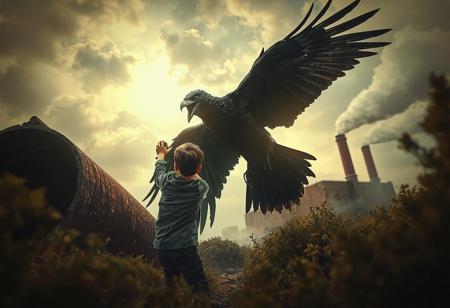 One boy in the foreground, swinging an arm back to throw a rock on the huge demonic cruel bird. The overthrown chimney is lyingon the left.  The chimney dark inner side is visible and turned to the viewer. The boy is on the left next to the chimney. The scene is artistically composed.
The cruel crow like bird tries to peck the boy with his beak. the bird is turned to the boy and his wings spreads to the left and right side. The boy is shown from the slight back angle. His head is turned sideways and he is bent trumbling with the horror. perspective is very deep.
The very detailed huge frightning bird has spread wings in anger. The bird is realistically drawn. Birds feathers are torn and ruffled.
Factory made of brick is on the background far away.  View is wide angle focusing on the boy. Scene has a lot of dynamism and dramatic point of view.
The boy is highlighted with the sun and wery bright.
The photo is framed with overgrown bushes.
The background is blury. Earie and lonely athmosphere. Very dynamic lightning with a lot of contrasts. 
The day is  slightly foggy and the light creates bokeh. The sky is filled with dramatic clouds from which the blinding sun peeks out. 
Photo in warm contrasted colors. 
The scene is very tight. The photo is very realistic.
Richly textured backgrounds. Some noise on the photo like from an old camera film. Atmospheric contrasts. Faded close-up. Dark vignette.