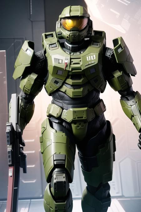 Best quality, masterpiece,
1boy,  <lora:masterchief:0.7>, masterchief, armor, belt, energy_gun, full_armor, helmet, machinery, mecha, no_humans, pilot, pilot_suit, power_armor, robot, solo, 
holding weapon, weapon, (in spaceship:1.5), corridor background,