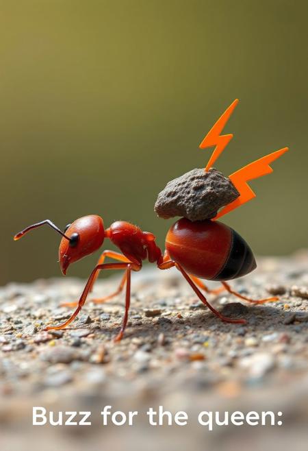hyperrealistic photograph of an ant carrying on its back a cartoon orange lightning bolt to it's anthill. There is a caption that reads: "Buzz for the queen"