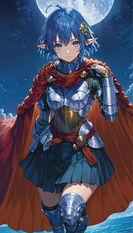 <lora:yukihiro_kajimoto_so2r_xl:1> star ocean, 1girl, rena lanford, ahoge, armor, blue_eyes, blue_hair, boots, red cape, full_body, hair_ornament, pleated_skirt, pointy_ears, short_hair, intricate detail, cinematic lighting, amazing quality, amazing shading, detailed Illustration, official artwork, wallpaper, official art, extremely detailed eyes and face, beautiful detailed eyes, ((masterpiece, best quality))