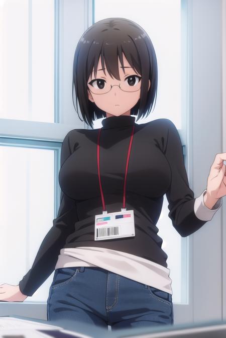 lucyyamagami, <lora:lucy yamagami s1-lora-nochekaiser:1>,
lucy yamagami, short hair, black hair, (black eyes:1.5), ahoge, glasses,
BREAK pants, sweater, turtleneck, id card, lanyard,
BREAK indoors, office,
BREAK looking at viewer, (cowboy shot:1.5),
BREAK <lyco:GoodHands-beta2:1>, (masterpiece:1.2), best quality, high resolution, unity 8k wallpaper, (illustration:0.8), (beautiful detailed eyes:1.6), extremely detailed face, perfect lighting, extremely detailed CG, (perfect hands, perfect anatomy),