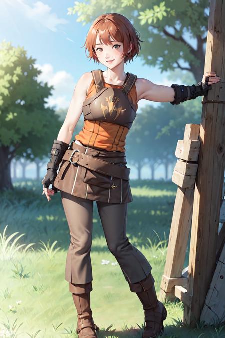 (masterpiece,best quality:1.2),dorothyfe6,1girl,solo,full body,standing,facing viewer,outdoors,in medieval field,tank top,breastplate,sleeveless,fingerless gloves,pants,boots,smiling <lora:DorothyFE6-11:0.8>