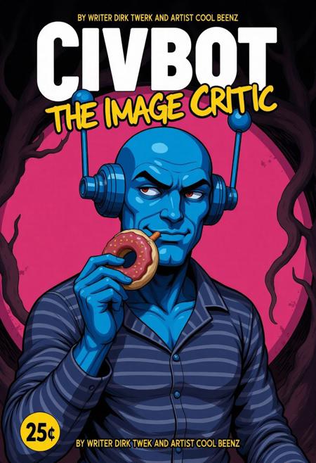 A cover of a comic book titled "CivBot: The Image Critic" in white text and "by writer Dirk Twerk and artist Cool Beenz" in yellow text. The cover is a digital illustration in a dark, gritty comic style. The central figure is CivBot, blue skin, wearing a striped pajama. He has a funny expression and is eating a donut. The background is a gradient of pink and purple hues, creating a dramatic and ominous atmosphere. 
The comic book's title is written in large, bold letters at the top of the cover. The price "25 cents "is listed at the bottom left.