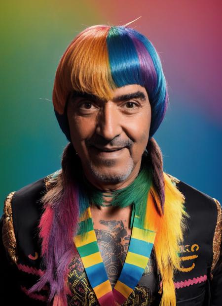 portrait of sks man ((carlitos:1)) like a hippie with snake tattoo in the chest, by Flora Borsi, style by Flora Borsi, bold, bright colours, ((rainbow Mohawk haircut)), ((Flora Borsi))  <lora:carlitos:1>