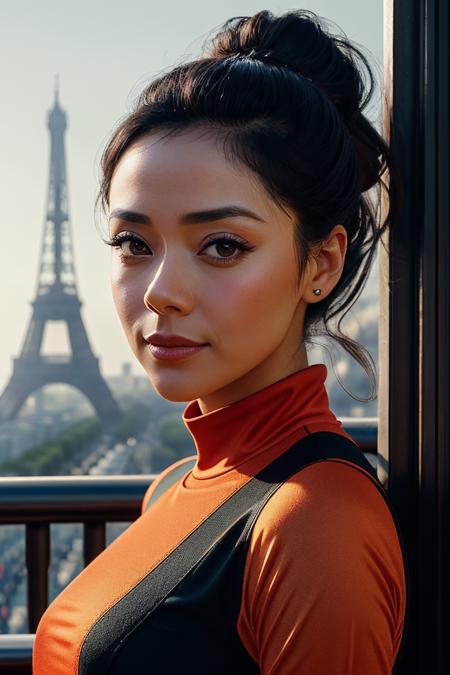 beautiful woman (EP41m3G4rc14:.99): a woman at (Eiffel Tower - Paris, France:1.1) , perfect highponytail, wearing sexy orange (compression shirt), ( people in background:1.1), (face focus), modelshoot style, (extremely detailed CG unity 8k wallpaper), professional majestic (photography by Frank Frazetta:1.1), 24mm, exposure blend, hdr, extremely intricate, High (Detail:1.1), dramatic, soft cinematic light, (looking at viewer), (detailed pupils), 4k textures, soft cinematic light, elegant, ((((cinematic look)))), soothing tones, insane details, hyperdetailed, ("In Jernau we trust!":1.1)