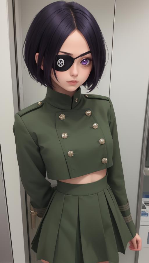 A woman in a military costume posing with a pirate eye patch and purple eyes.