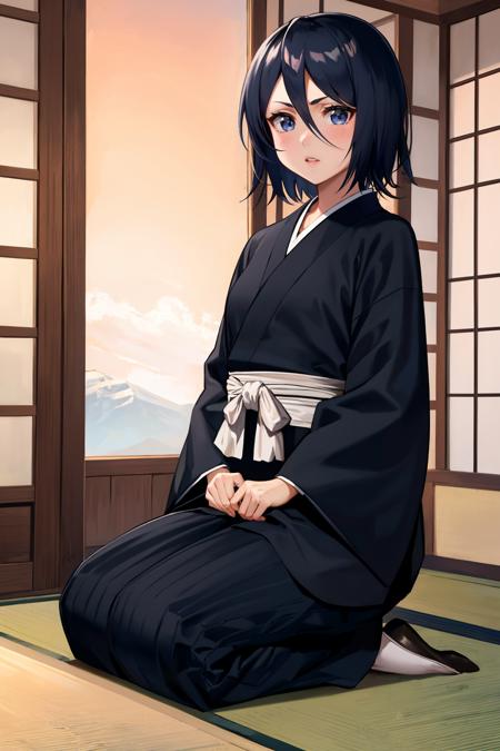 masterpiece, best quality, <lora:rukia-nvwls-v1-000010:1> kuchikirukia, black robes, sash, seiza, japanese architecture, looking at viewer