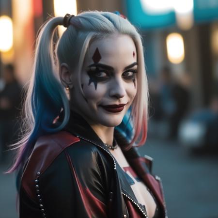 photo of ohwx woman as harley quinn, in the movie Suicide Squad, dyed hair, highly detailed, cinematic look, city at night, cinematic,  <lora:LivTyler:1>