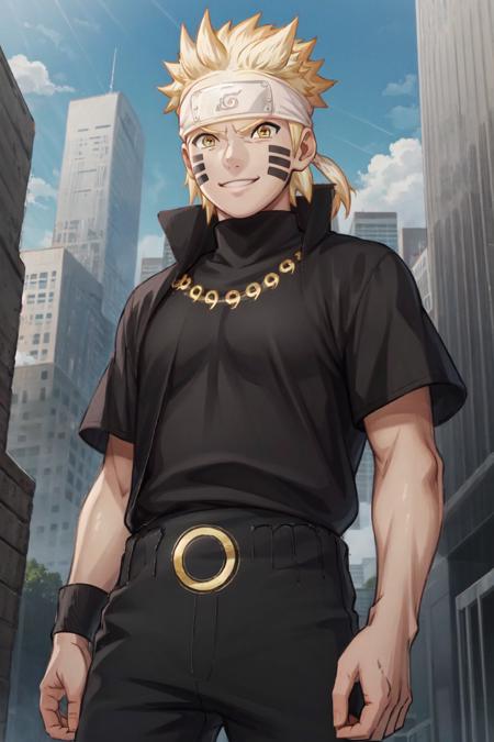 <lora:Naruto_SixPaths:0.95>, Naruto, 1boy, black bodysuit, tomoe \(symbol\), yellow eyes, symbol-shape pupils, gold hair, headband, facial mark, black shirt, short sleeves, muscular, denim pants, outdoors, smile, looking away, city, sunny