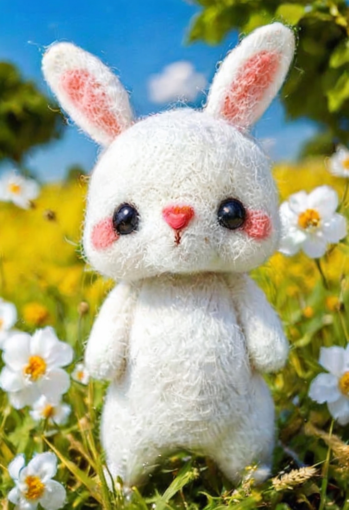 A white stuffed bunny in a field of white flowers.