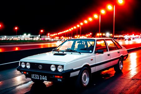 polished silver POLONEZFSO masterpiece,best quality,official art,extremely detailed CG unity 8k wallpaper,illustration, vehicle focus, road, moving, wet, (((NIGHT))),neon lights,drift,   <lora:POLONEZFSO_notreg:0.8>