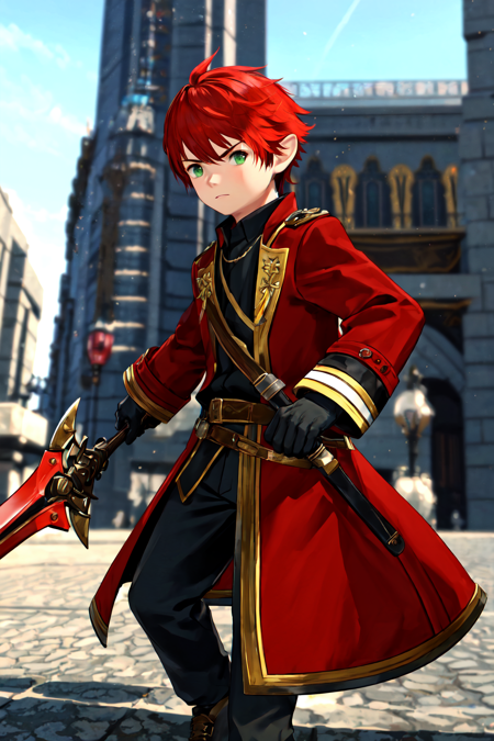 1boy, male focus, solo, LalaTater, bangs, blurry, blurry background, building, coat, day, fire, gloves, green eyes, holding, holding weapon, outdoors, short hair, standing, weapon, red hair <lora:JAFP-FFXIV:0.55>