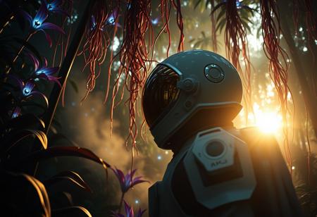 Cinematic shot, astronaut exploring an alien jungle, dense foliage towers overhead, exotic plants with glowing bio-luminescent tendrils, vibrant purple and blue leaves, soft mist, futuristic space suit, helmet with gold visor, helmet visor reflects the strange environment, backlit by the morning sun, gentle rays filter through, creating a soft glow, dramatic camera angle, shallow depth of field, 8K, UHD, dslr, film grain, intricate details, hyperrealistic.