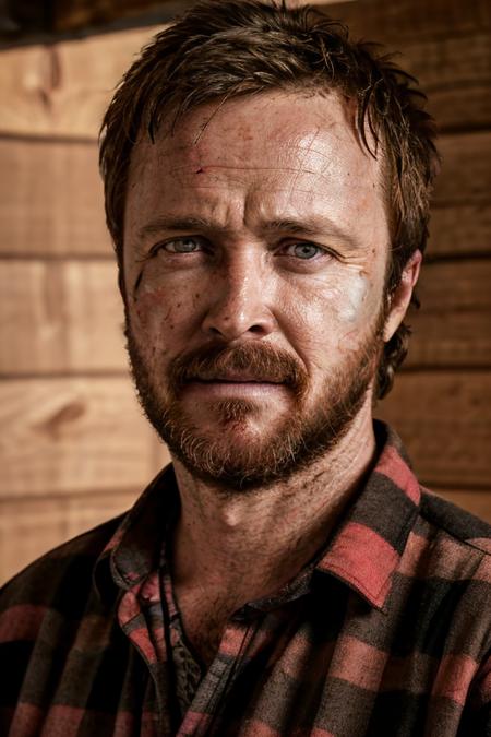 close up, Pinkman, man with blue eyes, long brown hair, beard, dirty face:0.1 , neutral, red and black checkered shirt, in a log cabin <lora:FRNK_Pinkman:0.7>