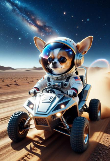 (made of CosmicStyle:1.3),  CosmicStyle, from side, closeup cute small 4WD buggy made of CosmicStyle, astronaut chihuahua driving, wear round goggles, wear animal ears helmet, wear CosmicStyle astronaut suit, run through on space planet dirt road, Dust, (surround by multiple buggys:1.2), space, galaxy, cinematic, cinematic lighting, (masterpiece, best quality:1.4), ultra-high res, 4k, Photorealistic, insanely detailed, sfw,