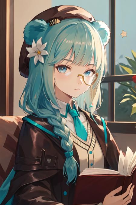 best quality, masterpiece, highres, solo, {istina_arknights:1.15}, animal_ears, bear_ears, long_hair, hair_ornament, monocle, bangs, braid, blue_eyes, blue_hair, star_\(symbol\), star_hair_ornament, hat, brown_headwear, book, beret, upper_body, aqua_hair, necktie, single_braid, 1girl, flower, hair_flower, hairband, neckerchief, official_alternate_costume, red_hairband, white_flower, frilled_hairband, red_neckerchief, closed_mouth, semi-rimless_eyewear, bear_girl, looking_at_viewer, portrait, under-rim_eyewear