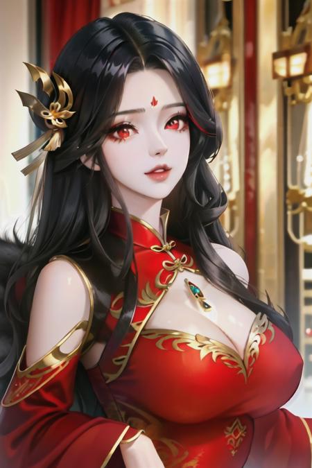 1girl,large breasts,shiny skin,fashi-girl,milf,mature female,china dress, red dress,wavy hair,fur coat,upper body,black hair,graceful and comely,red eyes, hand on own stomach,forehead mark,narrow waist, wide hips, <lora:anime:0.800000>