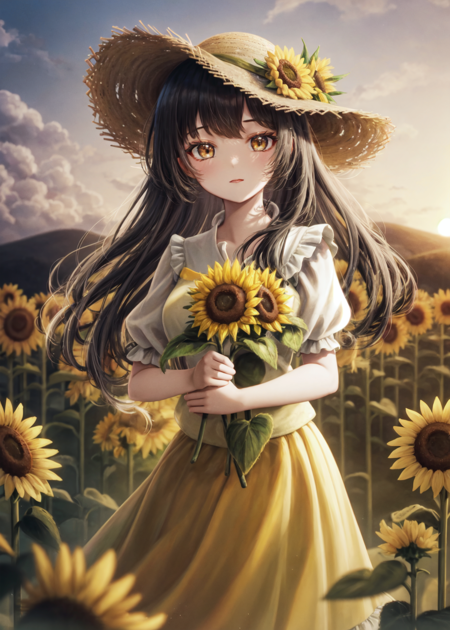 1girl, sunflower, flower, hat, solo, holding, outdoors, long hair, holding flower, yellow flower, short sleeves, looking at viewer, sky, cloud, field, straw hat, dress, bangs, flower field, standing, brown eyes, sunset, puffy sleeves, skirt, yellow skirt, frills, sunlight, puffy short sleeves, blurry,  <lyco:Yuu-sv_fro-0.85-16:1.0>