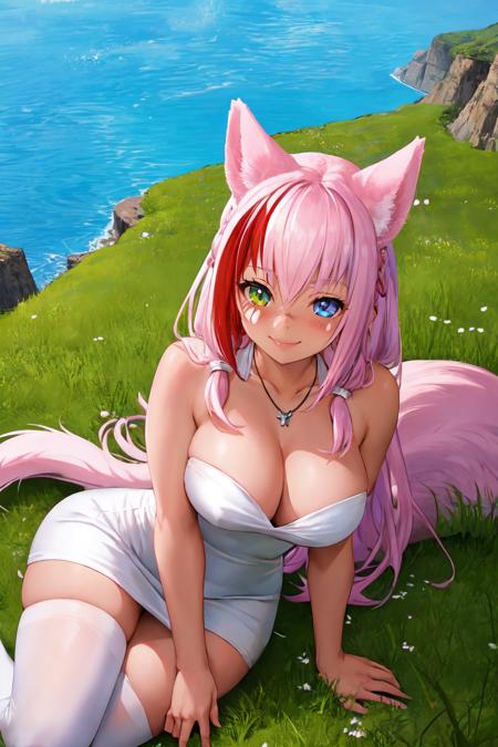 (masterpiece, best quality), outdoors, cliffside, 1girl, solo, TayelleEbonclawManityro, heterochromia, facial mark, scar on nose, tail, <lora:TayelleEbonclaw_V1-Manityro-prodigy:1>, toned, looking at viewer, looking up, from above, seductive smile, blush, necklace, white dress, strapless dress, side slit, white thighhighs,