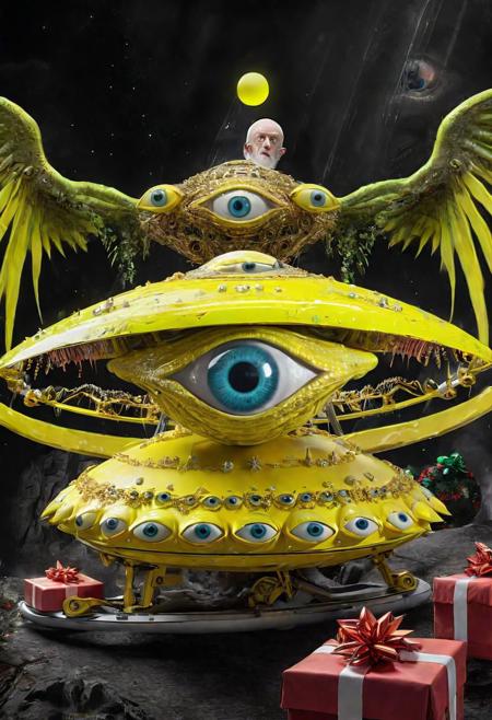 seraphins, mystical creature with hundreds of eyes and wings, roswell alien with yellow christmas hat, delivering presents with santa riding a ufo sleigh, intricate complexity, surreal horror, inverted neon yellow drip paint, photoreal