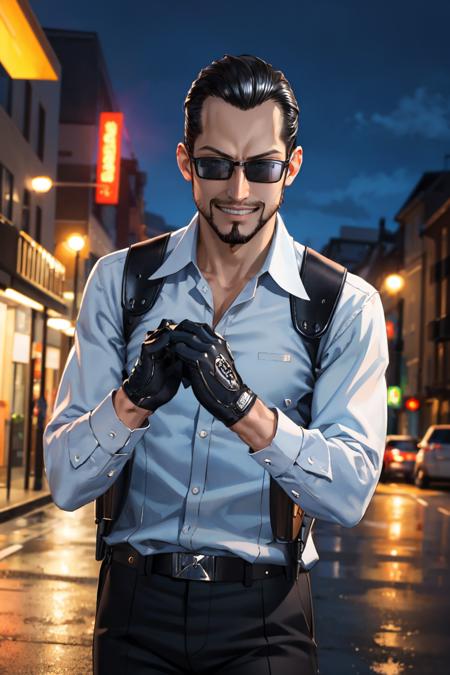 masterpiece, best quality, city, night, cowboy shot, upper body, grin, 
<lora:zs_Finnegan:1> finnegansh, sunglasses, black hair, beard, shirt, gloves, holster, black pants