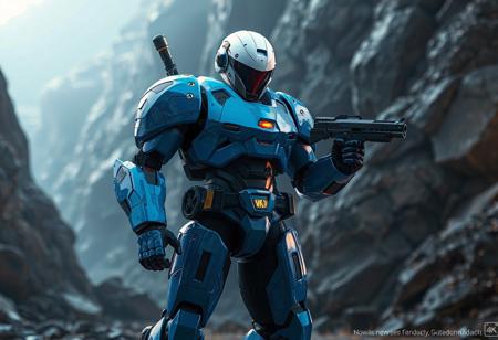 "A hyper-detailed concept art scene featuring the Elemental HERO Inferno, a vibrant blue robot standing confidently against a Mystic Mine background. The robot's head is black, contrasting with its white helmet, and it wields a gun in its right hand while resting its left hand on its hip, adding to its assertive stance. Positioned slightly off-center, the composition is balanced and dynamic. Rendered in hyper-realistic 3D with Octane Render, the scene showcases sharp lines, stunning colors, and impeccable balance. Inspired by contemporary aesthetics and Grammer Effect Style, the image conveys vivid emotions and a powerful message. Trending on ArtStation, 4K, ultra-detailed, and impeccably composed."