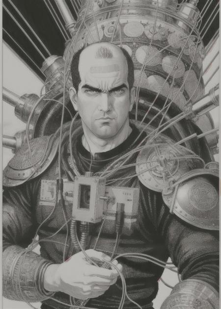 manga drawing of [a bald man with a monobrow:ElectroBoom:0.3] holding a giant capacitor by Kentaro Miura, Berserk, intricate details