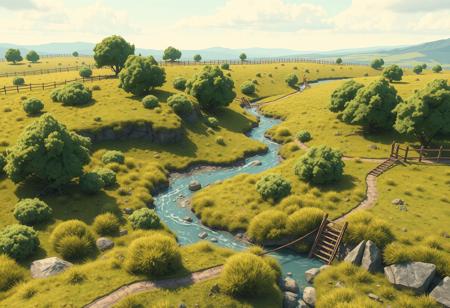 steppe with bushes in a game environment, (small rivers:1.2), ladders, fences, Andries Stock, computer graphics assets, Flat 2D Art extremely beautiful, masterpiece, best quality