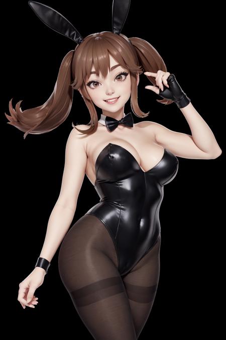 beautiful 1girl,  in a black bunny suit with (thighband pantyhose:1.2) standing on a nightclub studio winking and smiling, twintails, bangs,hand up, 
<lora:AdaLoraV3:0.55>,