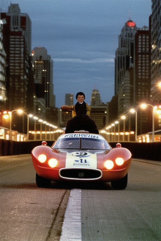 The racing car on the street, night lights, 1970, midnight, megapolis