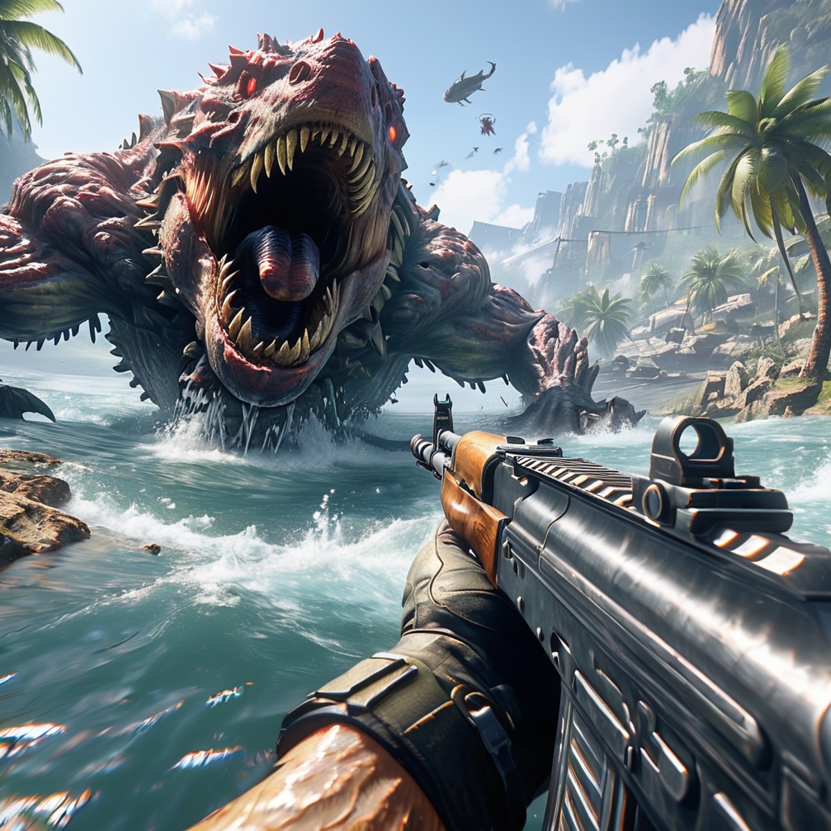 a cinematic shot of a first person shooter, aiming with a ak-47, call of dudy, shooting a giant kraken, water in backgroun...