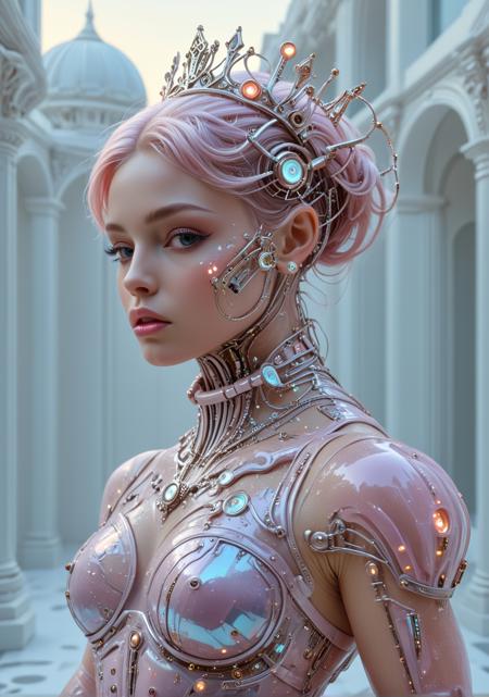 midjourneyv6.1, muscle_bimbo, score_9, score_8, score_7, The image is a high-resolution upper body portrait of a pastel sci-fi wired-cyborg Rococo cyborg princess, her face adorned with intricate, metallic filigree that seamlessly merges with her soft, porcelain-like skin. The background is a dreamscape of pastel hues—soft lavenders, powder blues, and pale pinks—evoking a surreal, futuristic elegance. Her hairstyle is a gravity-defying masterpiece, a pastel-pink bouffant interwoven with shimmering, metallic strands and glowing circuits that pulse faintly. She wears an ornate, futuristic crown with filigree patterns that mimic the intricate designs of Rococo art but are composed of sleek, chrome-like materials. Her outfit is a fusion of flowing Rococo gowns and high-tech cybernetic elements: a corset of translucent material that glows faintly, combined with metallic ruffles and programmable, color-shifting fabric that moves as if alive. The neckline is daring, with circuits and glowing accents emphasizing her regal, yet futuristic, aesthetic. Her hand, partly visible, is a sleek cybernetic masterpiece holding a delicate scepter, its translucent tip radiating a soft, pastel glow. Behind her, floating orbs and architectural shapes inspired by Rococo swirls hover, creating a sense of depth and whimsy. The composition is a harmonious blend of sharp, pop-art lines and soft, painterly pastels. The entire scene feels both retro-futuristic and timeless, capturing the fusion of elegance and technology in this spacetime princess.<lora:lora\aidmaMidjourneyV6.1-v0.1.safetensors:0.8:0.8><lora:lora\Muscle_Bimbo_SDXL.safetensors:1.0:1.0><lora:lora\Derelict_Faces_e31.safetensors:0.8:0.8>