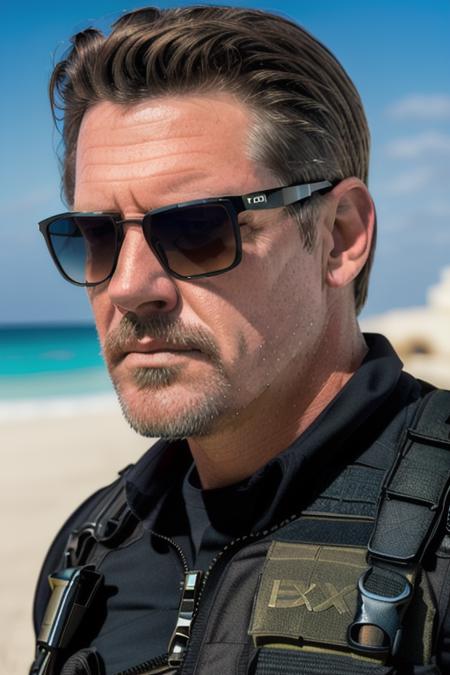 a handsome man, fbi agent, cia agent, black tee shirt, beard, sunglasses, bullet proof vest, in mexico, ready for action, (close up), candid, amateur, (raw, 8k, uhd, fujifilm xt3), sharp, warm cinematic lighting,<lora:joshBrolin:1>