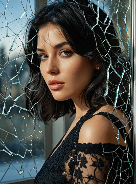 photography in style by Bruce Davidson, fashion editorial, dark haired woman behind a window with, 
cracked glass, artistic lens, highres, realistic photo, professional photography, cinematic angle, dynamic light back, 
shining, bokeh, Smooth Quality, ArsMJStyle, Colored pencil hyperdetailed realism, <lora:clear:1>, <lora:FF.101.juggernautXL_version6Rundiffusion.LORA:0.7>, <lora:Hyperdetailed_Colored_Pencil:0.8>, <lora:detailed_notrigger:0.7>
