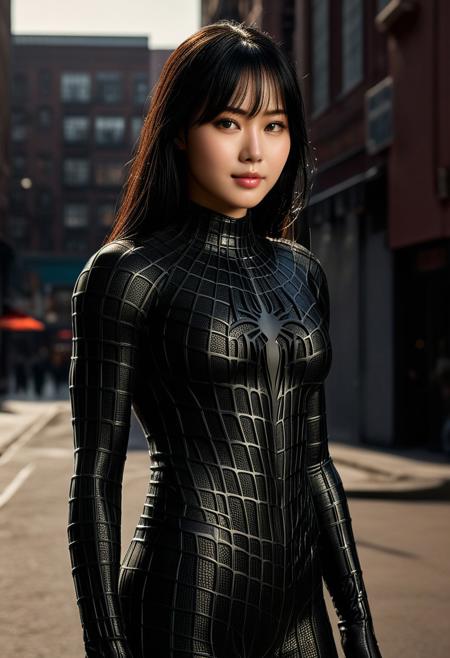 score_9, score_8_up, score_7_up, best quality, realistic, masterpiece, beautiful detail, hyperrealistic, cafe, ((1girl, woman body, huge breasts)), amazing detailed full body portrait of a beautiful ulzzang girl, wearing a realistic and highly detailed black raimi spider-man suit, ((huge muscular girl)), professional model wears ultra - detailed and grained black raimi spider - man suit, suit covered entire body and hand, black spiderman gloves, wet, (full body), (elegant pose), sweet smile, black hair, octane render, highly detailed, volumetric, dramatic lighting, (highest quality:1.1), (HDR:1.3), (top quality, best quality), realistic, high definition, Expressionism - sharp focus, professional photography, masterpiece, ultra detailed photograph, high quality, 8k,