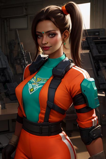 Rampart,dark skin,forehead jewel ,nose piercing,side ponytail ,brown hair, solo, standing, smiling, upper body, 
RampJS,jewelry,orange jumpsuit with white srtipes,knee pads , right glove, green crop top, 
tool shop, morning, grease, oil marks, science fiction, 
(insanely detailed, beautiful detailed face, masterpiece, best quality) 
 <lora:Rampart-10v3:0.7> realistic,