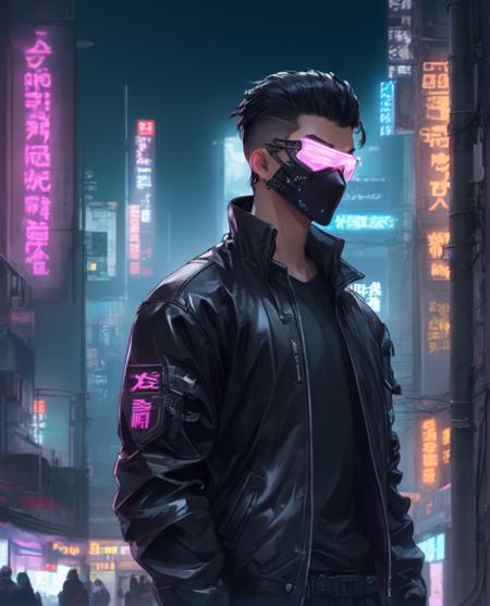 1boy, black hair, black jacket, black shirt, cyberpunk, cyberpunk style, cyborg, depth of field, glowing, hair slicked back, jacket, leather, leather jacket, male focus, mask, night, open clothes, open jacket, outdoors, shirt, short hair, solo, undercut, 
<lora:sdxl_cyberpunk:0.65>