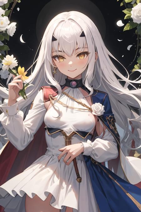 best quality, masterpiece, highres, solo, {tam_lin_lancelot_fgo:1.15}, long_hair, white_hair, bangs, sidelocks, breasts, forked_eyebrows, small_breasts, brown_eyes, smile, yellow_eyes, 1girl, cape, dress, flower, looking_at_viewer, white_flower, blue_dress, long_sleeves