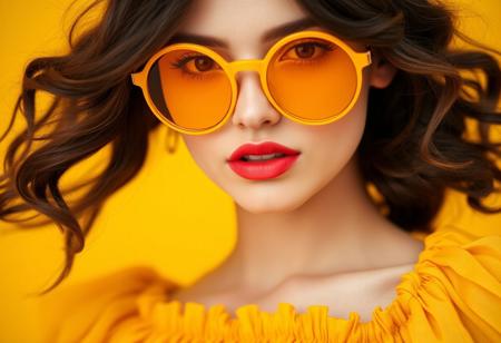 Close-up of a woman with dark brown, wavy hair and round, yellow sunglasses. 
The woman is positioned against a solid yellow background. Her face and upper torso are the central focus.  Her skin appears smooth and light-toned. 
She has a soft, slightly lifted expression, and her lips are painted with a vibrant, coral-toned lipstick. Her eyes are visible beneath the sunglasses.
The sunglasses are round and yellow, with gold-toned rims and a noticeable frame.  
The woman is wearing a loose, yellow, off-the-shoulder top with a ruffled or pleated design. The fabric looks like a type of soft, flowing silk or chiffon. The fabric texture is visible; the pleats and folds are apparent.
The lighting highlights the woman's features and creates a warm, slightly soft glow. The yellow background contrasts sharply with her skin and clothing, emphasizing her appearance. The image's overall aesthetic is fashion-oriented, possibly for a magazine or social media.
<lora:FLUX-daubrez-DB4RZ-v2:1> DB4RZ, DB4RZ style painting
