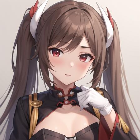 (masterpiece, best quality:1.2),absurdres,highres,1girl,solo,upper body,(portrait:1.2),haruna (azur lane),bangs,belt,belt buckle,black dress,black thighhighs,brown hair,collarbone,eyebrows visible through hair,long hair,long sleeves,loose belt,oni horns,red eyes,short dress,swept bangs,tassel,twintails,white belt,white gloves,wide sleeves,zettai ryouiki,<lora:Haruna(azur)>,