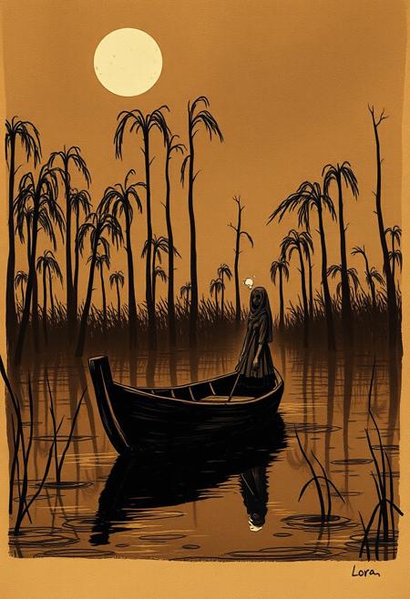 linquivera,  Ink illustration, (anime:0.5), brown tones, aged black red paper, inkpunk, moonlight,surreal, a ghost standing on a boat in swampy wetlands, (at a distance), Will-o'-the-wisp, moonlit, lonely, solitude, windy, tall trees, willows, willowy,  OverallDetail, extremely detailed, UHD,(long exposure , dystopian but extremely beautiful:1.4),<lora:- SDXL - letitflrsh_let_it_flourish_V1.0:0.8> ,<lora:Cute_Collectible:1>, <lora:XL_boss_battle:0.6>  <lora:add-detail-xl:1>,  <lora:Concept Art Twilight Style SDXL_LoRA_Pony Diffusion V6 XL:1>,  <lora:MJ52:1>