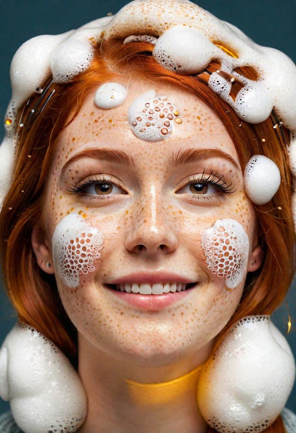 portrait photo of a redhead girl with freckles whose face is covered with splashes of beer foam ral-beer, eyes closed, smi...