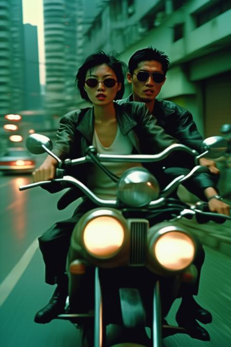 <lora:Director Wong Kar-wai style:1>Director Wong Kar-wai style - full shot, in the style of high speed film, Asian Couples ride motorcycles on the roadway, in Hong Kong old time, 90s, Hong Kong gangster movie, Young and photography film style in in the style of high speed film, movement and spontaneity captured, movement and spontaneity captured, muted colours, eclectic curatorial style, in the style of surrealist dreamlike scenes, i can't believe how beautiful this is, street scenes with vibrant colors, cinestill 50d