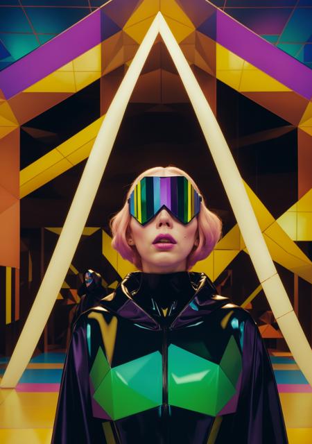 1983 film, 8 bit realistic, polygonal, pale android woman, ((impressionism, abstract minimalism), 8k render), panosstyle, intense gold:black rainbow psychedelic crystal architecture, neon backlighting, colorful LSD trails, NES theme, dark glossy black, liminal, gorgeous woman (wearing black latex hooded witch's robe, bizarre goggles, head down looking up, (pale android skin), perfect face), long messy brown hair, liminal space setting, Large Triangle prism in background,  <lora:LowRA:0.2> <lora:panoscosmatos:1>
