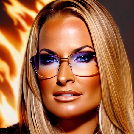 ((1girl)),  portrait of  Anastacia,fiery background, (masterpiece, photorealistic) , glasses,  <lora:Anastacia:0.8>