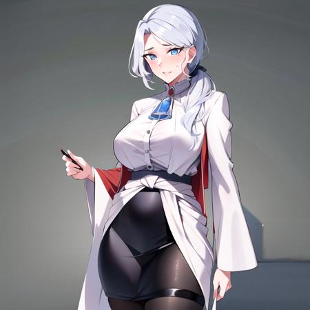 masterpiece,best quality, masterpiece, high detail,detailed face,detailed eyes,rendered eyes,perfect eyes,hip lines,ambient occlusion,crisp image,detailed,amazing,8k,8k wallpaper,8k background,high detailed skin,high res,
(((cowboy shot))), solo, 1girl,looking at viewer,WillowSchnee,white robe,  <lora:WillowSchneeV1-10:0.9>.
Her attire consists of a white cravat secured by a silver brooch set with a red stone, as well as a light purple jacket with light sleeves, a wide belt around her waist, a matching pencil skirt with black tights and slippers.