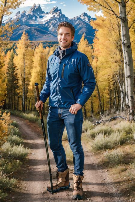 hiking trail in forest of quaking aspens, fall foliage, Grand Teton in the background, LucasKnight is a hiker, wearing waterproof jacket, blue jeans, hiking boots, holding a walking stick, slight smile, masterpiece, photorealistic, (((full body portrait))), wide angle  <lora:LucasKnight-000009:0.8>